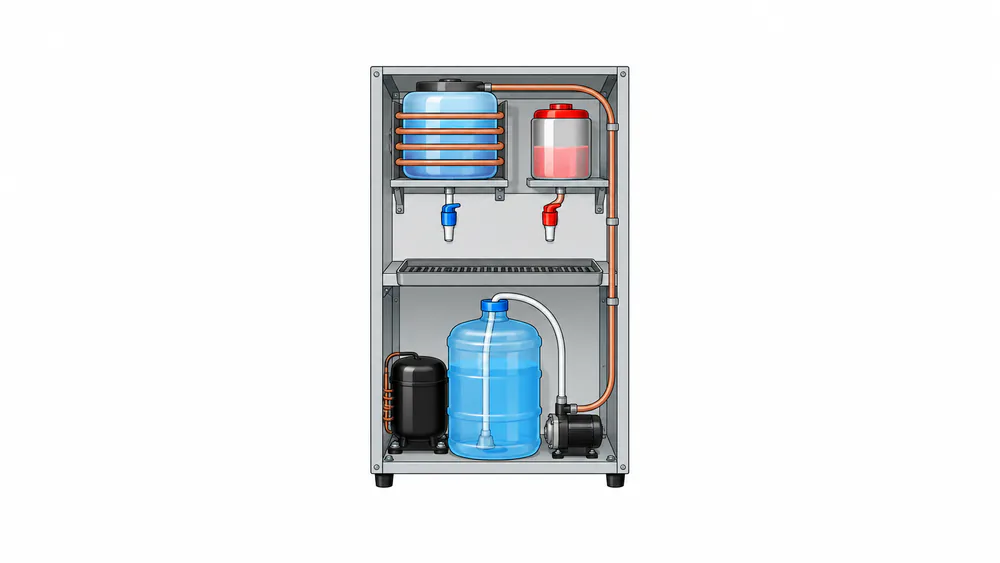 Illustrative cutaway showing supported reservoirs, taps, drip tray, pump and bottom-load bottle.