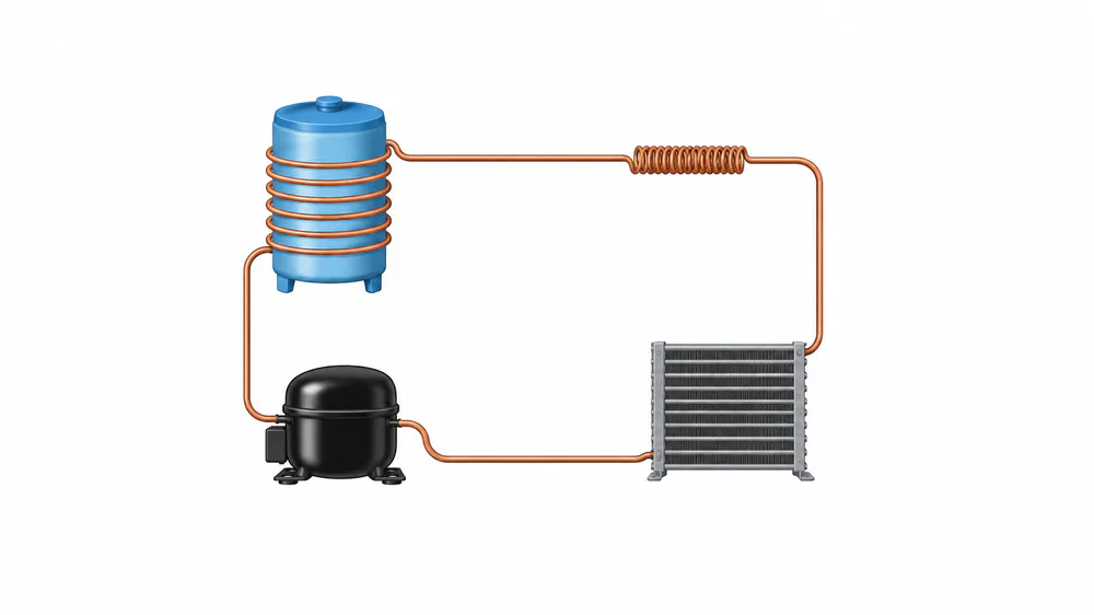 Illustration of a water reservoir and a separate closed refrigerant circuit.