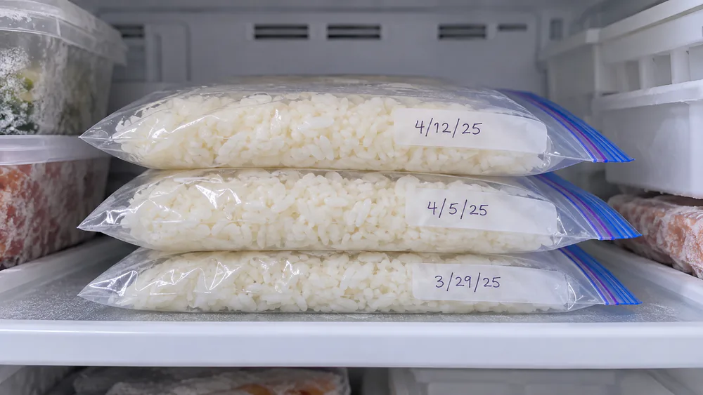Flat one-cup zip bags of cooked white rice stacked on a freezer shelf, each labeled with the date in marker