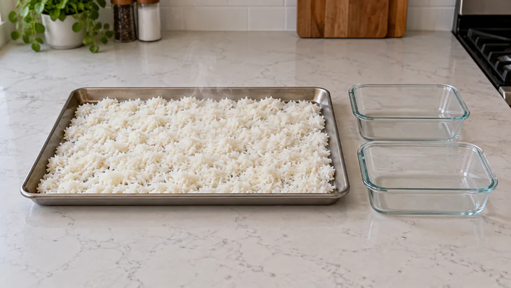 White rice spread in a thin layer on a rimmed sheet pan on a kitchen counter, steam rising, next to two empty shallow containers