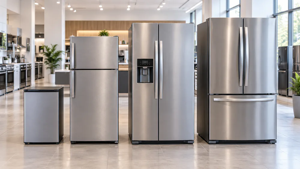 A row of refrigerator types side by side in an appliance showroom, from a small compact fridge to a wide French-door model, showing the size and bulk difference.