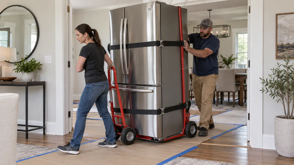Two people moving a stainless steel refrigerator strapped upright to a red appliance dolly through a doorway, one guiding from the front and one steadying the back.