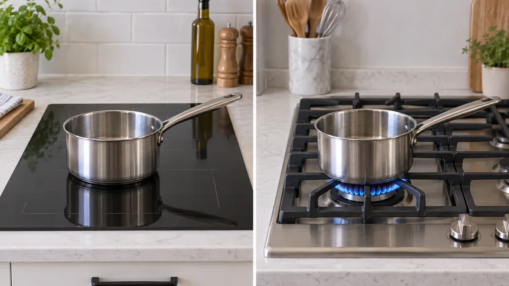 Saucepans supported on an induction surface and a gas grate with a blue flame