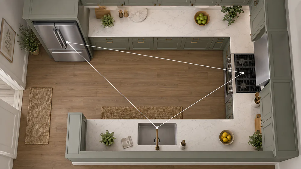 Overhead kitchen layout with a triangle connecting refrigerator, sink and stove