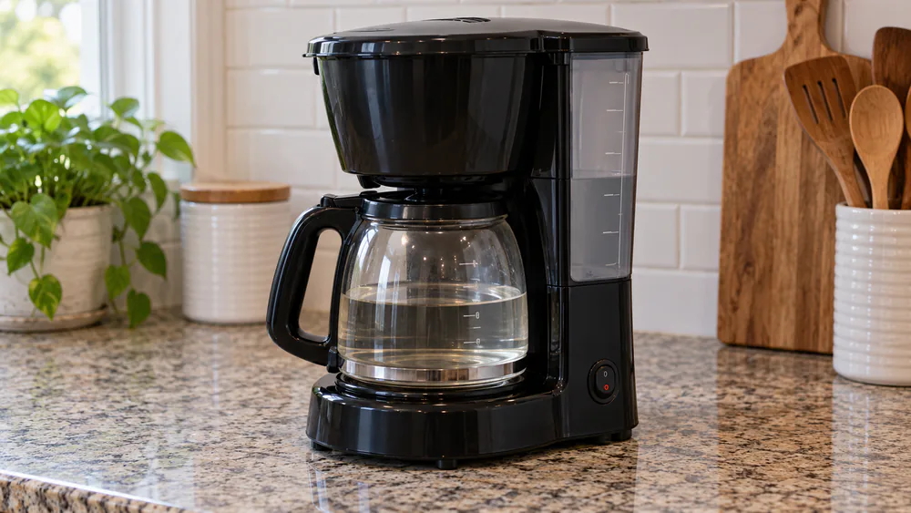 A drip coffee maker paused mid-cycle with the carafe half full of a clear vinegar and water mixture and the reservoir half empty