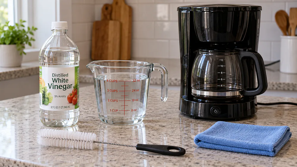 A bottle of distilled white vinegar, a measuring jug of water, a narrow bottle brush, and a folded cloth laid out beside a drip coffee maker