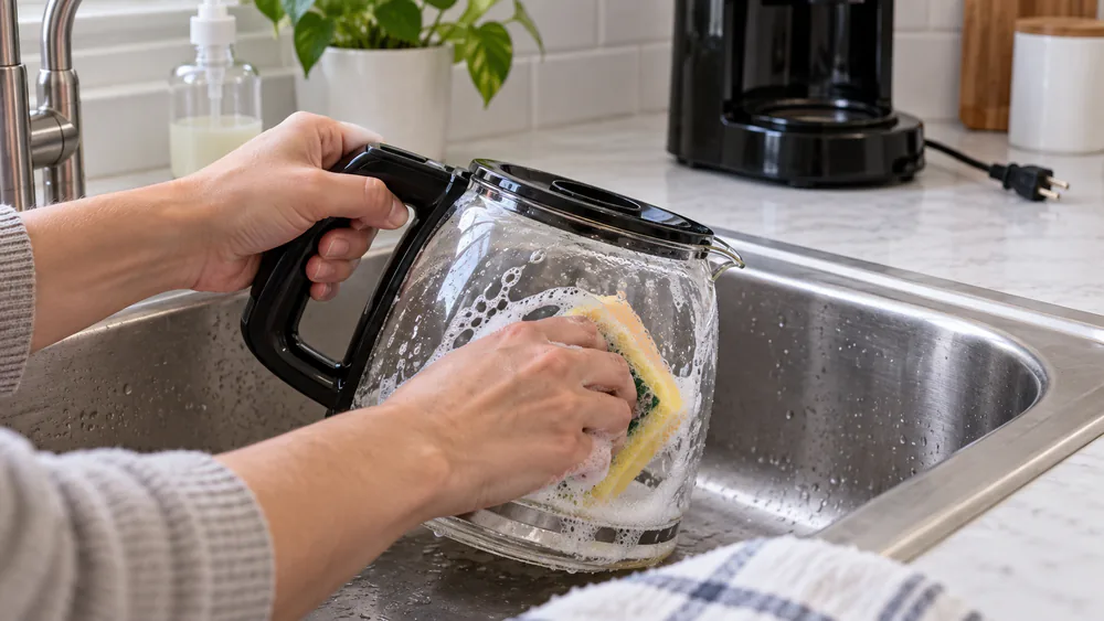 Hands scrubbing the inside of a glass coffee carafe with a sponge in a kitchen sink.