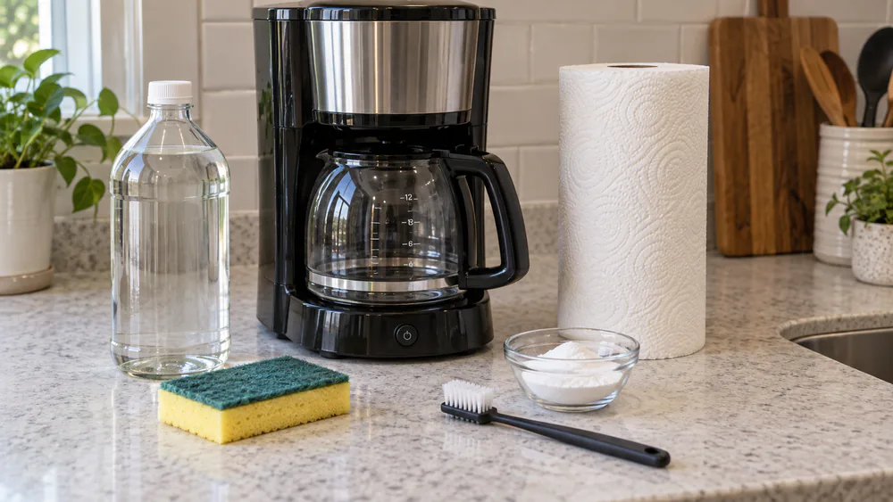 Cleaning supplies on a kitchen counter beside a drip coffee maker: a bottle of white vinegar, a sponge, and paper towels.