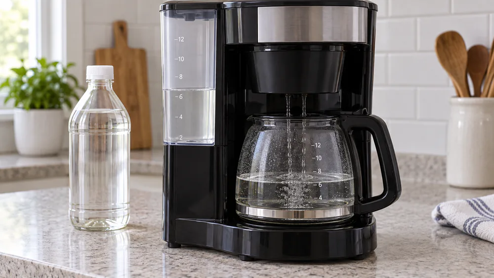 A drip coffee maker mid-descale with the carafe filling from a half vinegar half water brew.