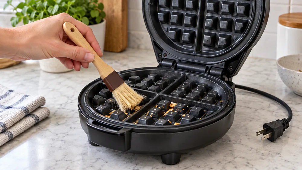 A soft pastry brush sweeping dry crumbs out of the grid of an open, cooled Belgian waffle maker