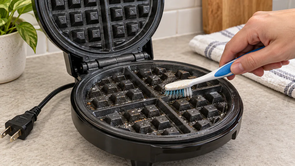 A close-up of an old toothbrush scrubbing the raised grid pattern of a nonstick waffle plate