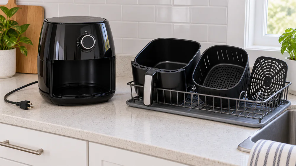 An unplugged air fryer with its basket and tray lifted out onto a dish rack.