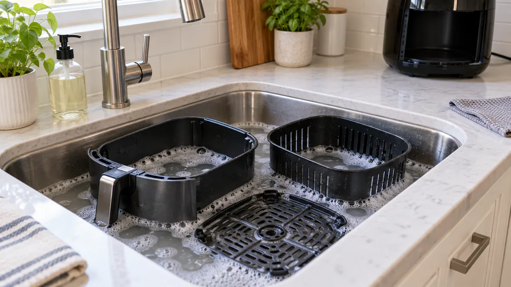 An air fryer basket and tray soaking in warm soapy water.