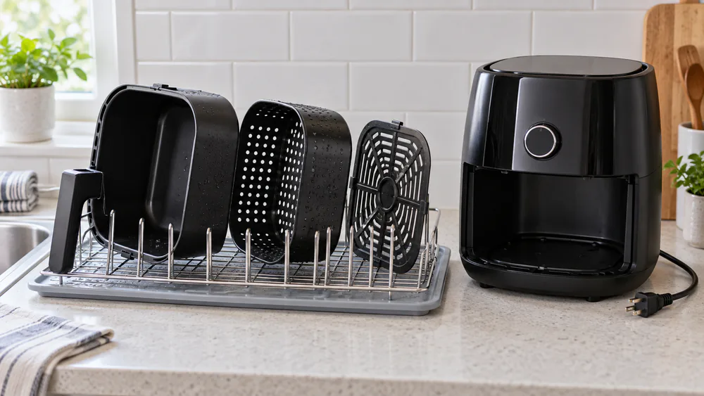 Clean air fryer parts air-drying on a rack beside the wiped-down base.
