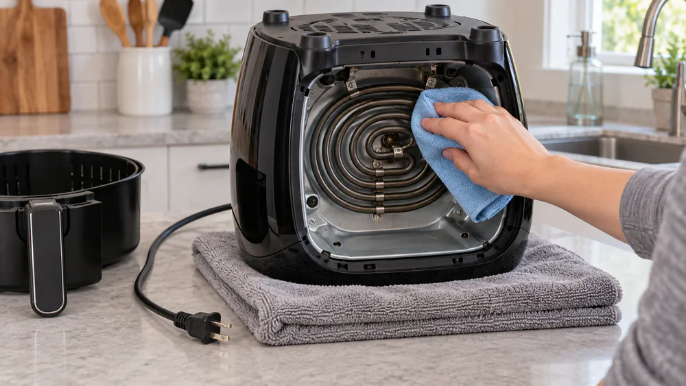 An air fryer turned upside down, a hand wiping the heating element with a well-wrung cloth.