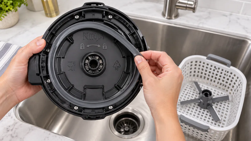 A hand easing the dark grey rubber lip seal out of the underside of a Ninja Creami outer bowl lid held over a sink.