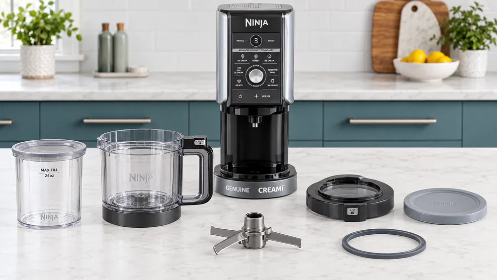 The disassembled Ninja Creami parts laid out on a kitchen counter: pint container, outer bowl with lid, storage lid, and Creamerizer paddle with the rubber gasket separated.