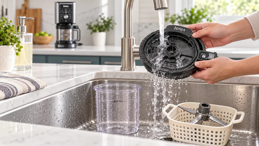 A Ninja Creami pint container, paddle, and outer bowl lid held under warm running water in a kitchen sink, water streaming through the lid's drain holes.