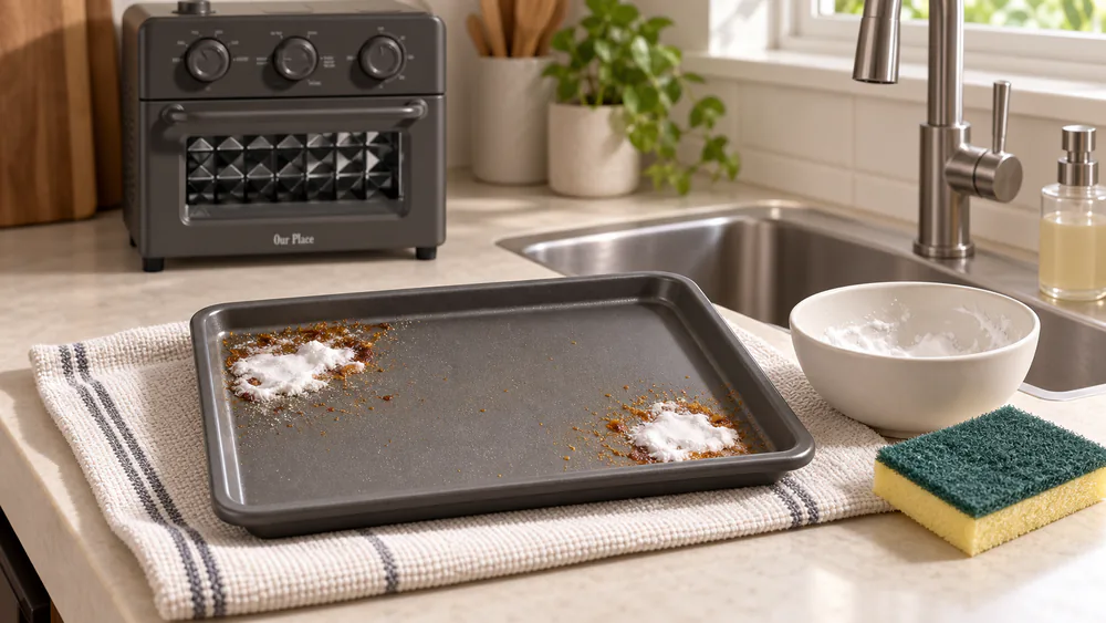 A thick baking soda and vinegar paste sitting on the ceramic nonstick bake pan of an Our Place Wonder Oven to lift baked-on grease.