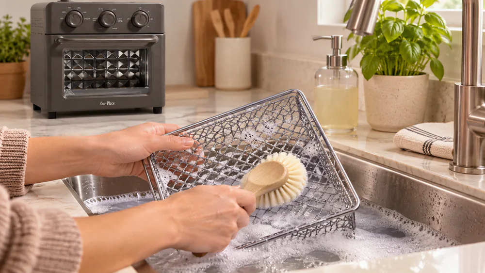 Hands washing the chromed steel air fryer basket of an Our Place Wonder Oven in warm, soapy water at a kitchen sink.