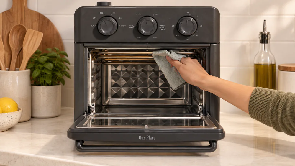 A damp cloth gently wiping the top heating elements inside an Our Place Wonder Oven, clean interior walls visible around them.