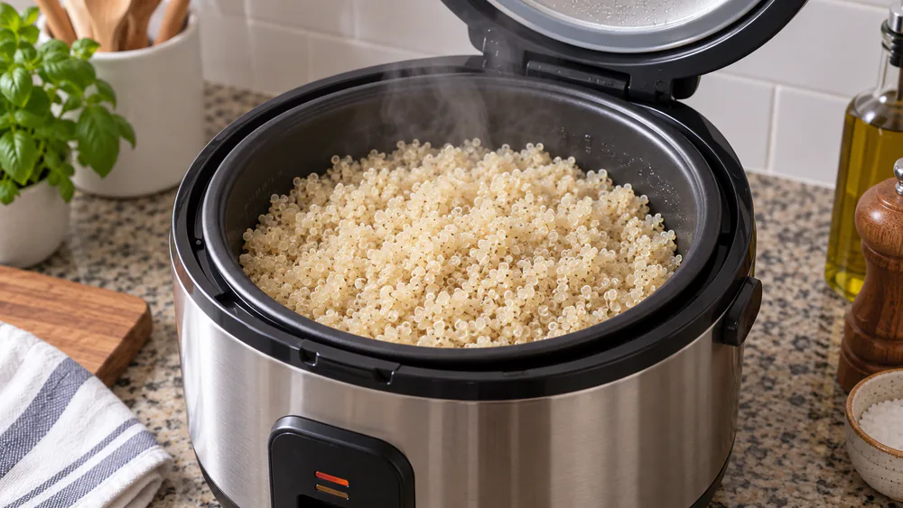A rice cooker insert full of freshly cooked, fluffed white quinoa with the little germ spirals visible, steam rising off the grains.