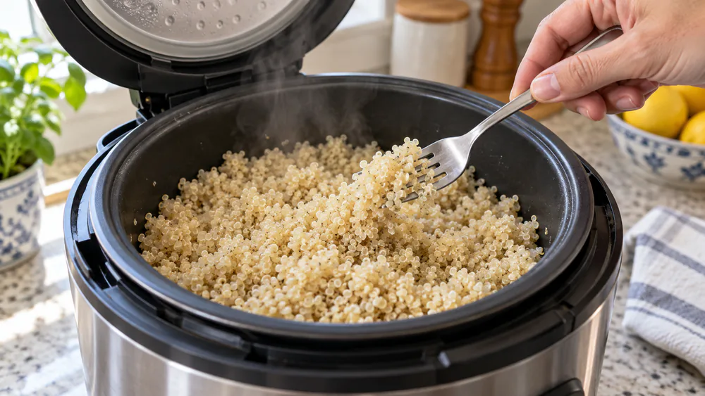 A fork lifting and separating freshly cooked white quinoa in a rice cooker insert, grains light and separate with visible curled germ rings.