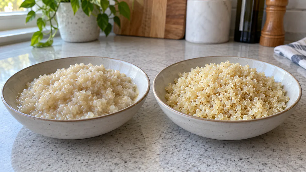 Two small bowls side by side, one holding clumpy overcooked mushy quinoa and the other light fluffy separate quinoa, for texture comparison.