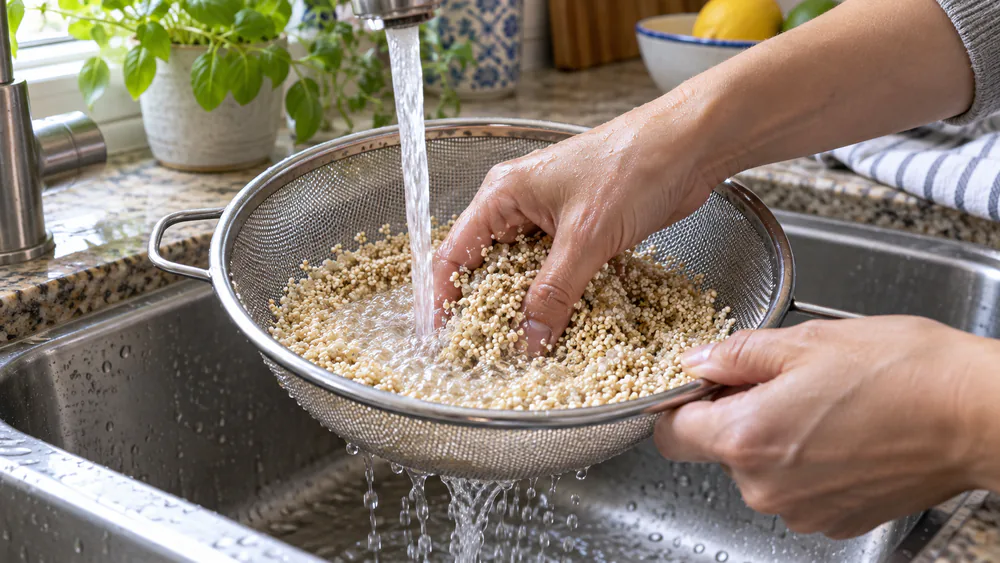 Dry white quinoa being rinsed under cold running water in a fine-mesh strainer held over a stainless steel sink, water running through the mesh.