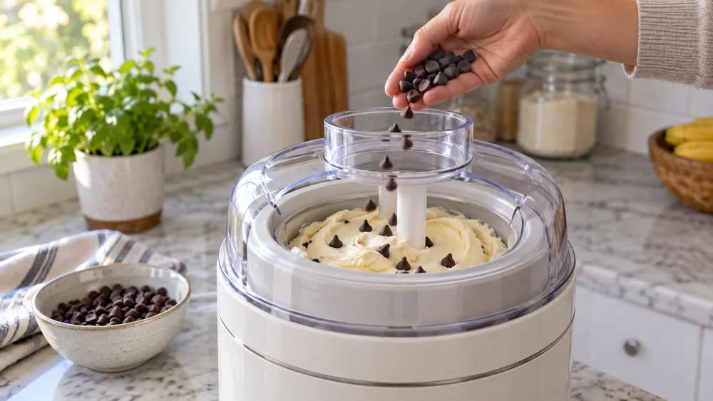 A hand sprinkling chocolate chips into pale churning ice cream during the final minutes in an ice cream maker.