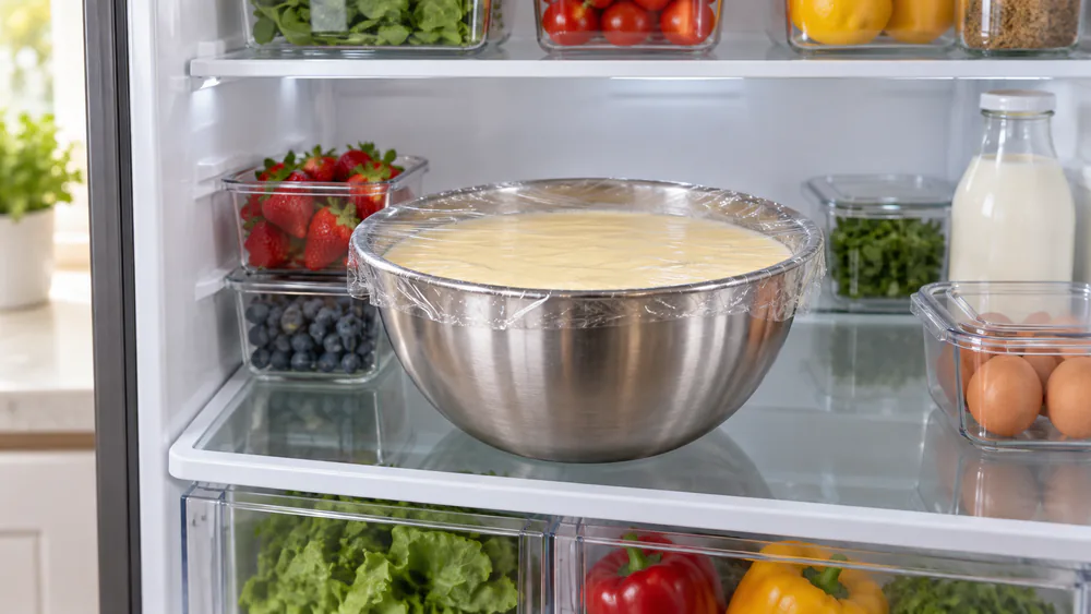 A metal mixing bowl of pale yellow ice cream base covered with plastic wrap, sitting on a refrigerator shelf to chill before churning.
