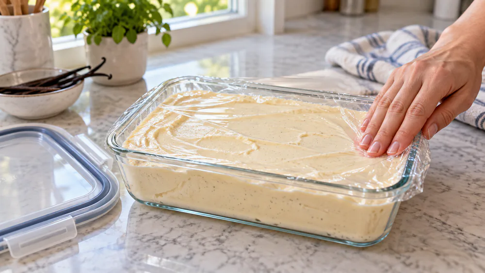 Freshly churned ice cream packed into a shallow glass container with plastic wrap pressed onto the surface, ready to harden in the freezer.