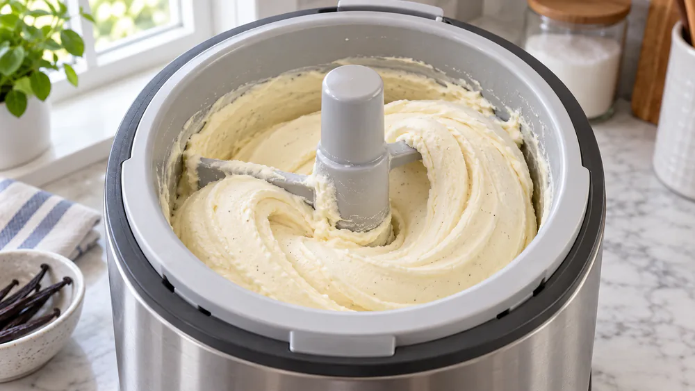 Freshly churned vanilla ice cream at soft-serve consistency swirling around the paddle inside an ice cream maker bowl.