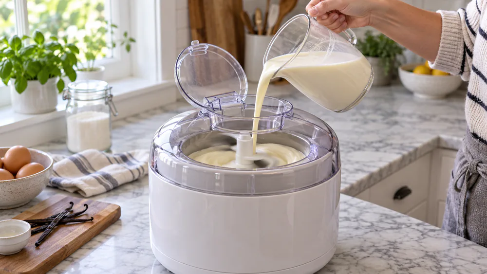 A stream of chilled ice cream base being poured into a running freezer-bowl ice cream maker with the paddle already turning.