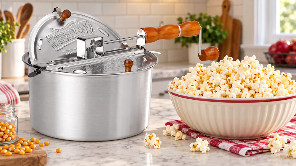 A heaping bowl of popcorn beside the open Whirley Pop.