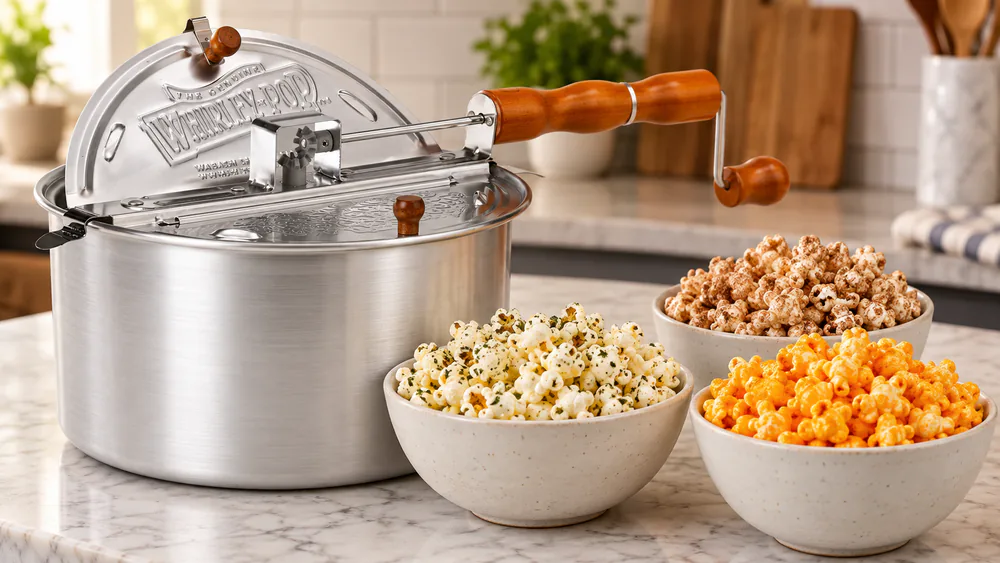 Three small bowls of seasoned popcorn beside a Whirley Pop on a counter.