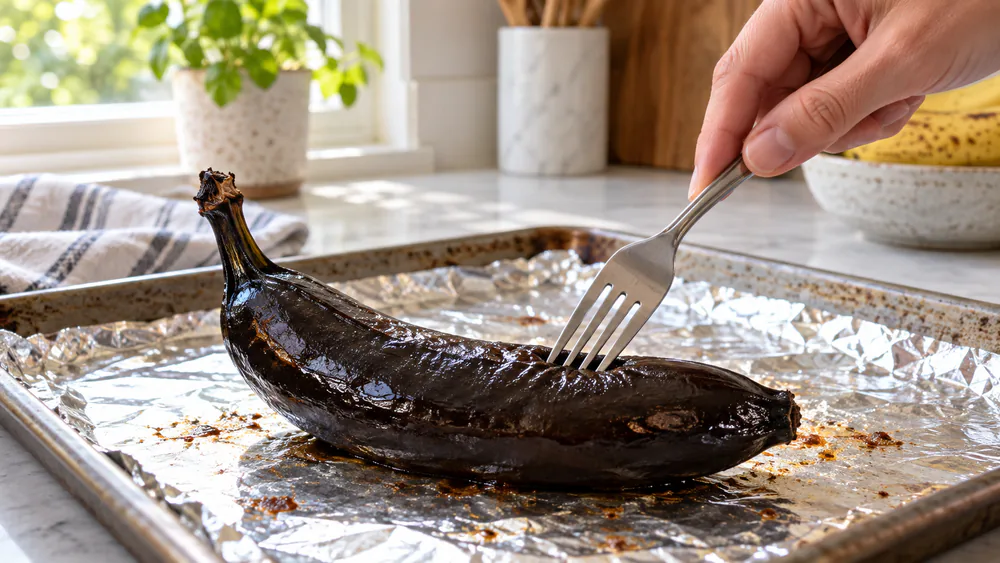 A banana with a black, shiny peel out of the oven, a fork pressed into the thickest part to check doneness.
