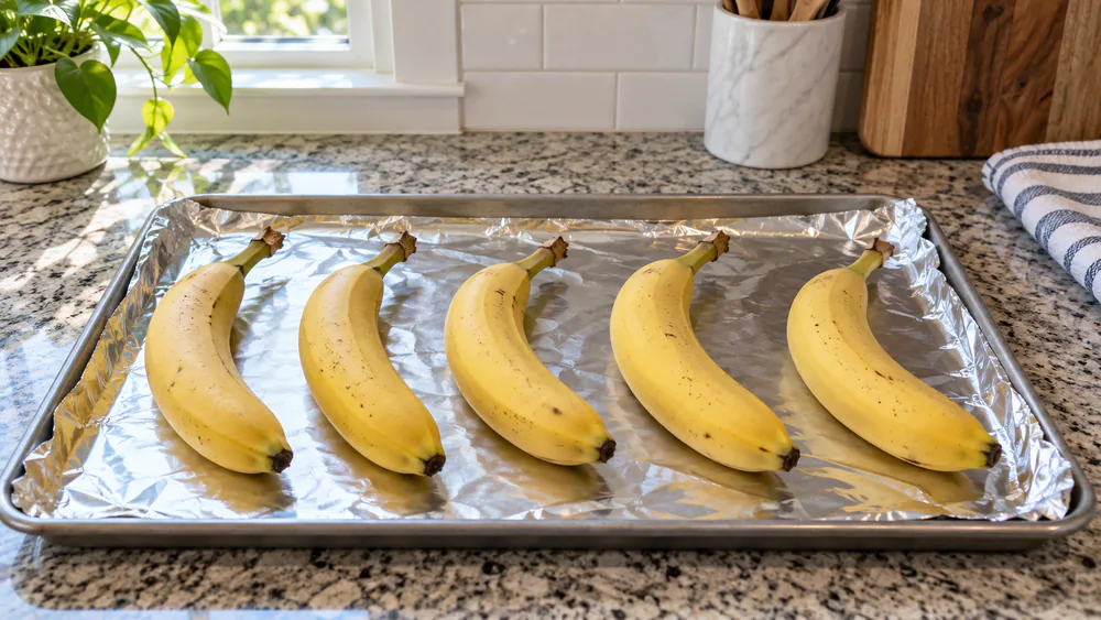 Yellow bananas in a single layer on a foil-lined rimmed baking sheet, ready for a 300°F oven.