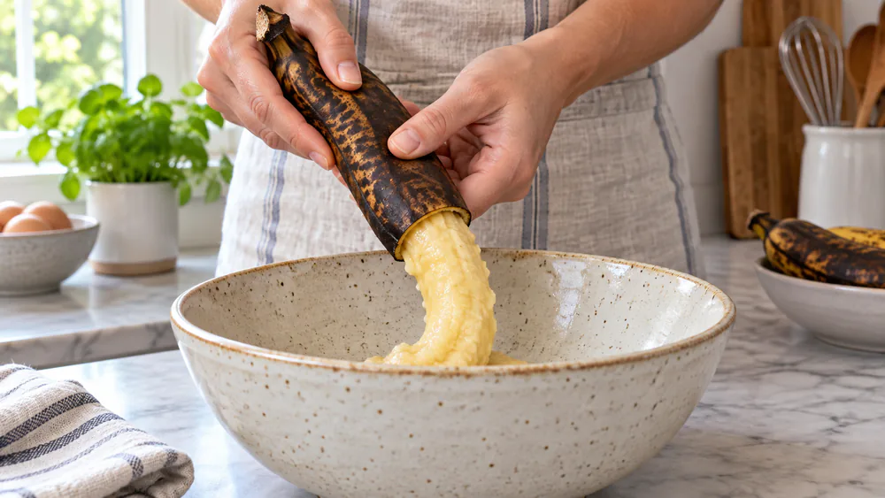 The snipped end of a cooled oven-ripened banana squeezed over a mixing bowl, pulp sliding out of the peel.