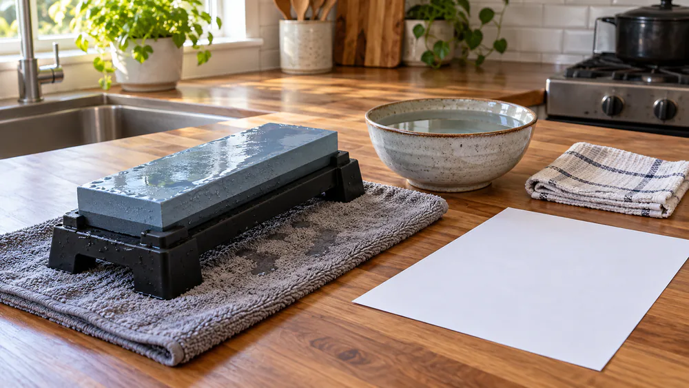 A waterstone seated on a raised holder over a damp towel, with a water container, wiping cloth, and sheet of paper laid out beside it on a kitchen counter