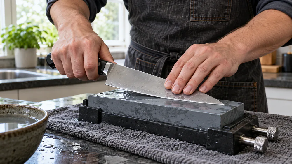 Close view of a chef's knife held at a low angle on a whetstone, one hand gripping the handle and fingertips resting on the blade face away from the edge