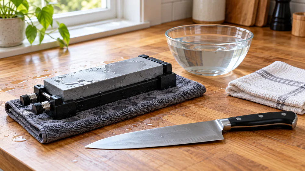 A whetstone resting in a holder on a damp towel on a kitchen counter, with a small bowl of water and a chef's knife laid beside it