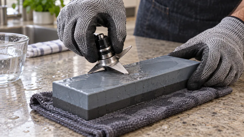 A blender blade held against a whetstone at a low angle, with water and fine swarf on the stone.