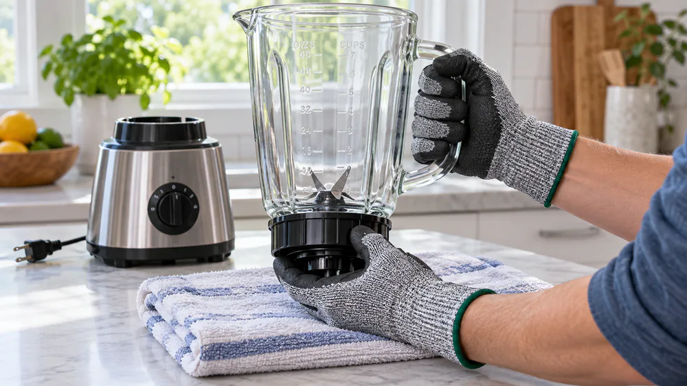 Hands in cut-resistant gloves unscrewing a blender blade assembly from an inverted jar base.