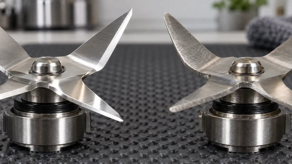Close comparison of a sharp blender blade edge with a clean bevel next to a dull, rounded edge.