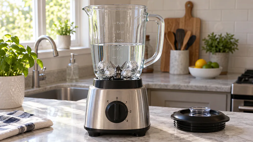 Small tight balls of aluminum foil in a blender jar with water, ready to pulse.