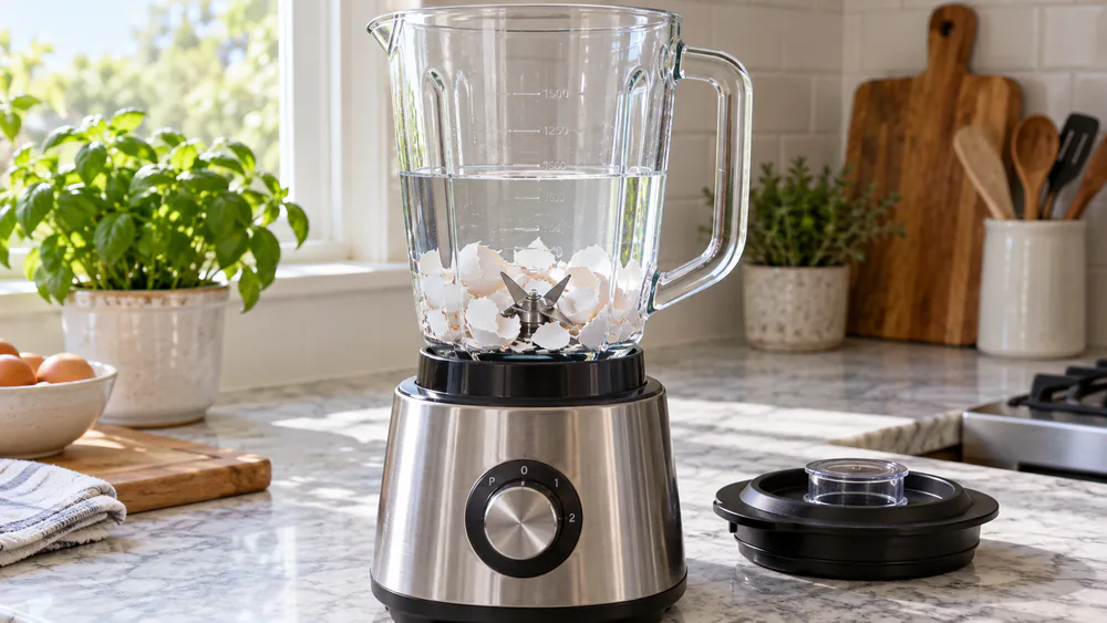 A blender jar filled with water and crushed eggshell pieces before pulsing.