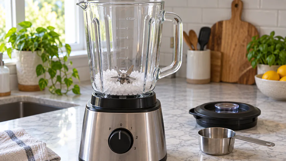 Half a cup of coarse rock salt in a blender jar with the lid off.