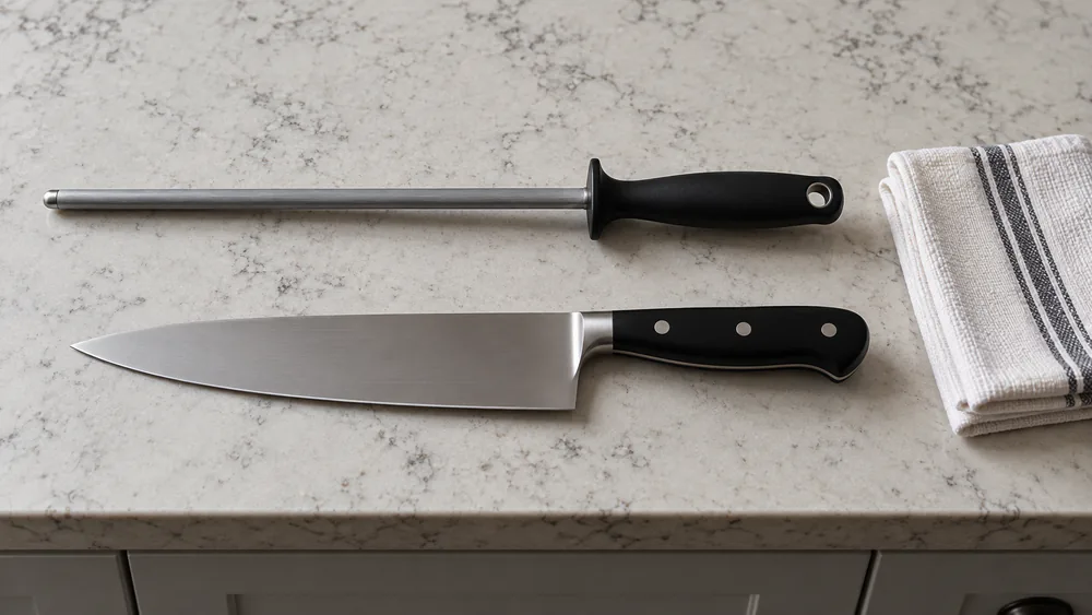 A clean honing rod and folded dry cloth beside a chef’s knife on a kitchen counter