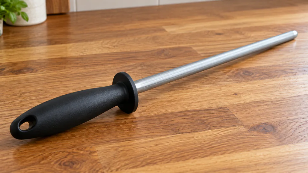 A honing rod lying on a counter with its handle and protective guard clearly visible